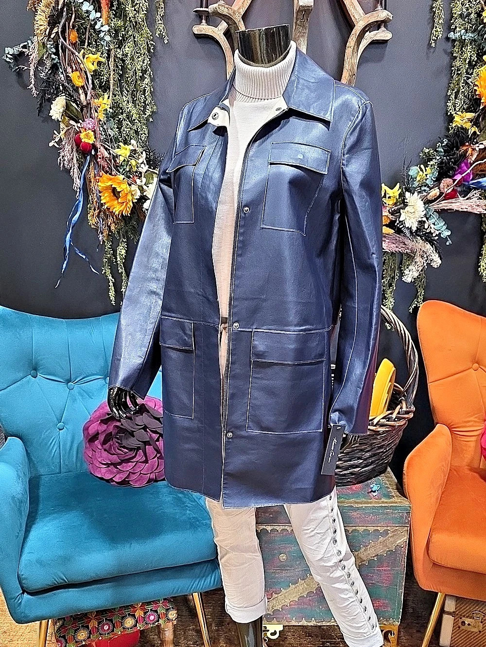 Kenneth Cole Navy Blue Soft Faux Leather Stylish Short Trench Jacket